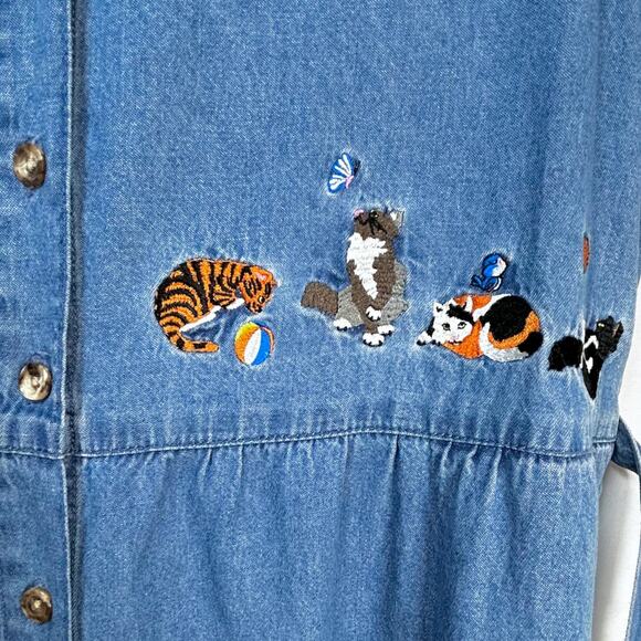 Vintage 90s Kittycore Cat Lady Twee Denim Dress Cottage Granny Kawaii Artsy MED - Picture 7 of 10